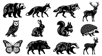 Obraz premium Various animals including a panda, wolf, deer, owl, rabbit, and squirrel are illustrated.