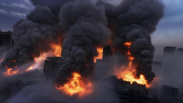 City Under Attack Massive Explosions and Fire Engulf Buildings.