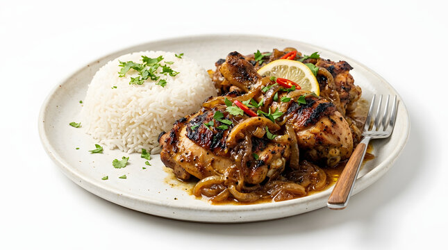 Authentic Senegalese Yassa Poulet, lemon chicken and onion stew on white rice, isolated on a pure white background