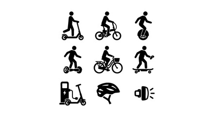 Urban Mobility Icons: Electric Scooter, Bicycle, Skateboard, Unicycle, Helmet, Charger, Light © Nipa