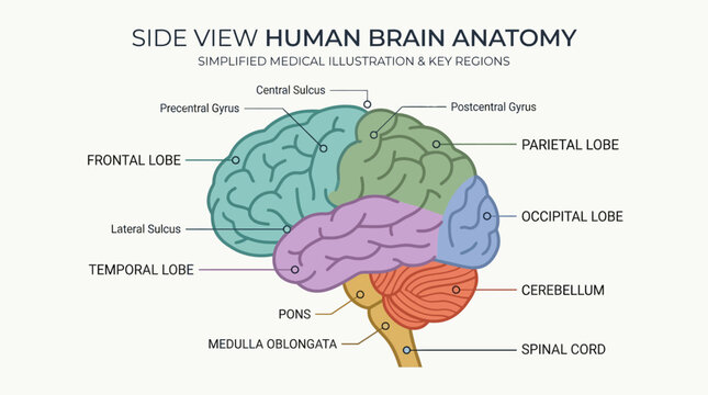 Human brain anatomy side view illustration.