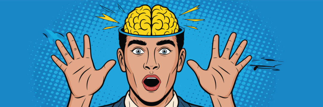 Surprised Man with Brain Exposed in Pop Art Style