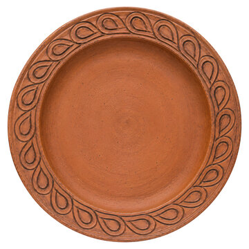 Ukrainian ceramic plate with carved teardrop ribbon border motif, terracotta clay pottery isolated on white background