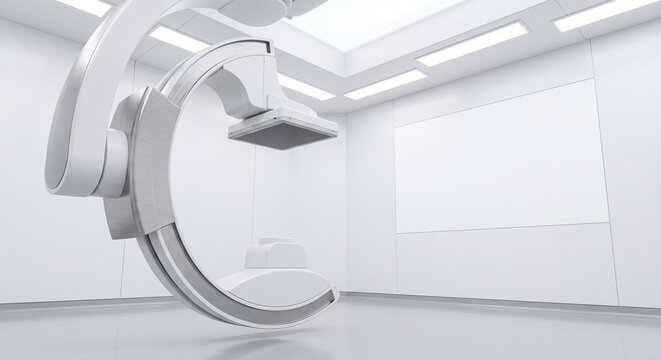 Modern C-arm medical imaging equipment in bright sterile hospital surgical suite