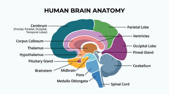 Detailed human brain anatomy diagram.