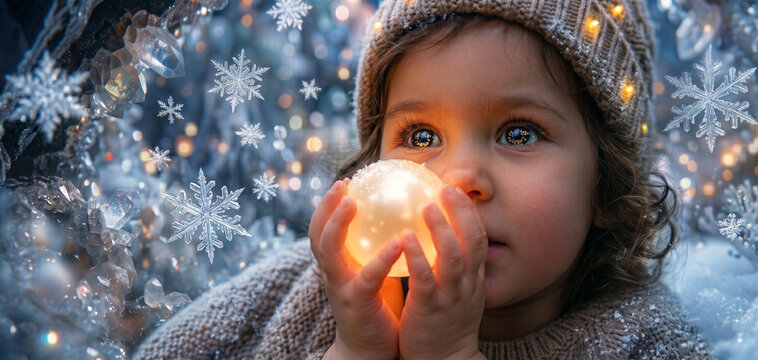 Little child holding glowing light, magic night sphere, childhood wonder fantasy, dreamy starry background, magical childhood glowing, whimsical night illumination, baby holding warmth, ethereal fanta