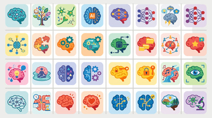 Obraz premium Colorful brain and neuron icons set.