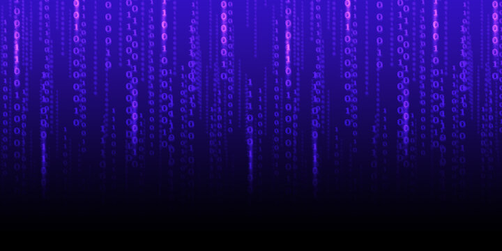Features a digital matrix rain pattern of glowing purple binary code data streaming down on a dark blue backdrop