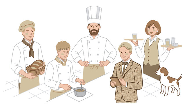 A professional restaurant team including a head chef, baker, sous chef, manager, and waitress pose together in a kitchen with a dog
