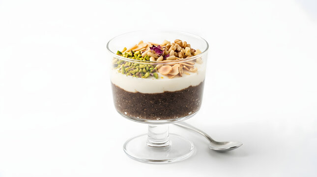 Elegant layered Tunisian Assidat Zgougou pine nut dessert decorated with mixed nuts, isolated on a clean white background