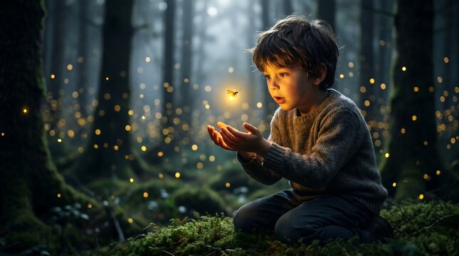 A boy kneeling in a magical forest watching a single glowing firefly in his hands.