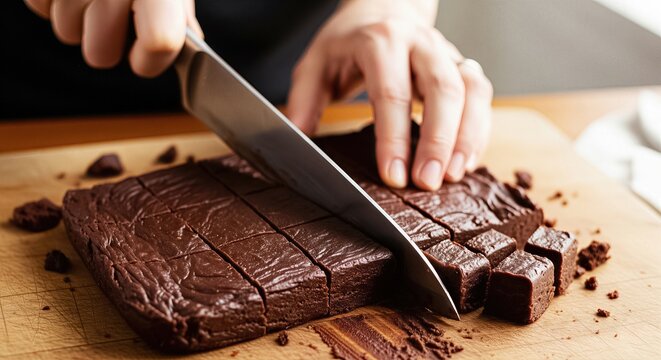 Cutting Homemade Chocolate Fudge Into Squares
