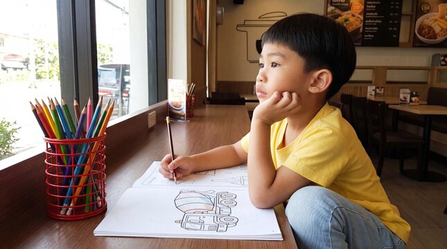 Side view of cute healthy Asian boy daydreaming and looking out the window while holding a pencil to color a cement truck drawing book on wooden table at restaurant