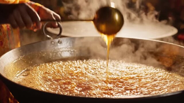 Stirring Large Potting Sauce in Steam Filled Outdoor Kitchen