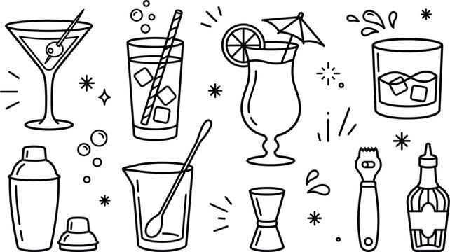 Cocktail bar and mixology drink element set with shaker martini glass jigger and syrup in doodle style