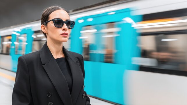Portrait of woman standing on subway platform station at motion train background, smile looking at camera. Lady passenger in underground metro. Public urban transportation concept. Copy ad text space
