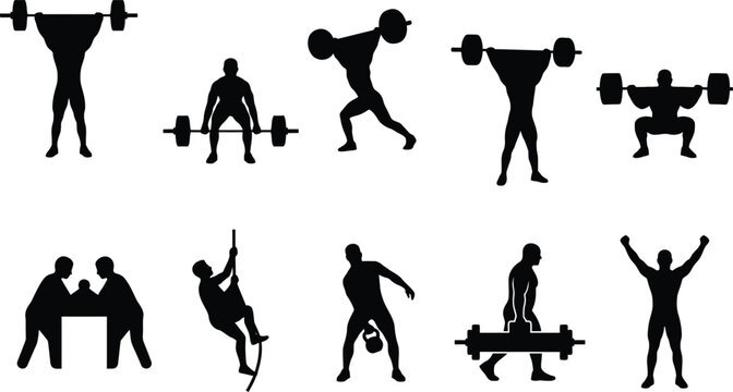 Set of black silhouettes showing athletes performing various strength training exercises and heavy lifting activities isolated on a clean white background