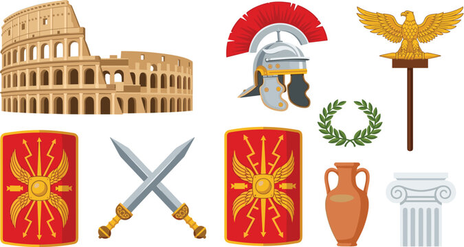Ancient Roman Empire Culture and Military History Vector Icon Set with Colosseum Gladiator Helmet Swords Scutum Shields Aquila Eagle and Ionic Column Designs