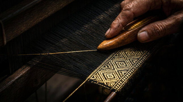 Close up of artisan hands weaving intricate gold and black traditional Thai silk on a wooden loom