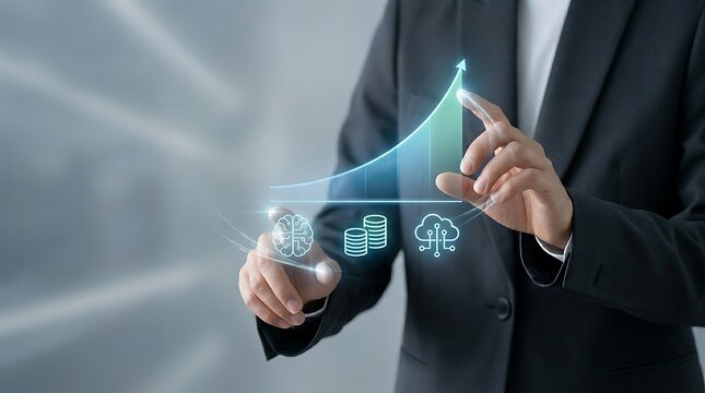 A business person in a suit touching a glowing digital growth chart with of a brain, coins, and cloud computing, representing financial tech