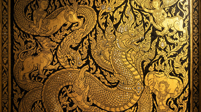 Intricate traditional Thai gold leaf lacquerwork painting depicting mythical Naga and Himmapan creatures