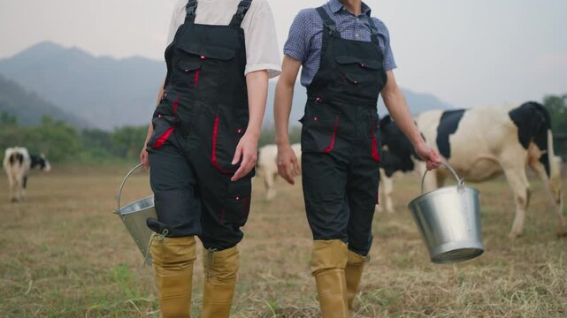 Close up of male and female dairy farmers working at livestock farm. 