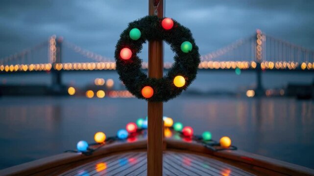 Festive holiday wreath with colorful glowing lights hanging on wooden pole at boat bow with blurred bridge and water background during evening twilight