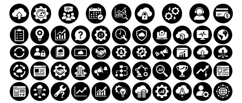 Black and white circular set featuring cloud computing, business analytics, security, and technical support tools for web applications