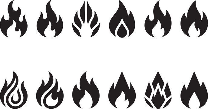 Wildfire and Fire Safety Icons Collection Set Fill Style Black Vector Symbols, Heat, Ignition and Wildfire Warning Fill Icons Set
