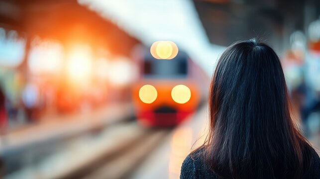 Portrait of woman standing on subway platform station at motion train background, smile looking at camera. Lady passenger in underground metro. Public urban transportation concept. Copy ad text space