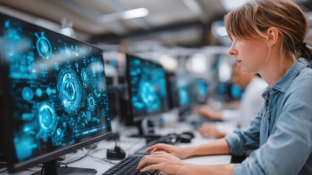 Software, data hologram and woman with code analytics, information technology and gdpr overlay. Programmer coding or IT person in glasses reading html script, programming and cyber security research