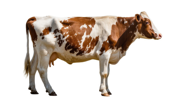 Brown and white spotted cow standing profile view