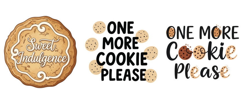 Set of cookie themed designs with text sweet indulgence and one more cookie please, hand drawn illustrations for tshirt or poster vector t shirt