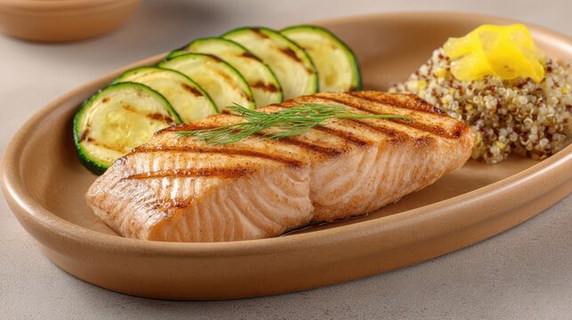 Baked or fried salmon and salad, Paleo, keto, fodmap, dash diet. Mediterranean food with steamed fish. Oven asian dish with teriyaki. Healthy concept, gluten free, lectine free, side view