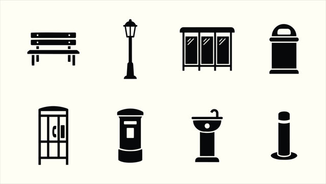 Solid urban street furniture public amenities vector icon set