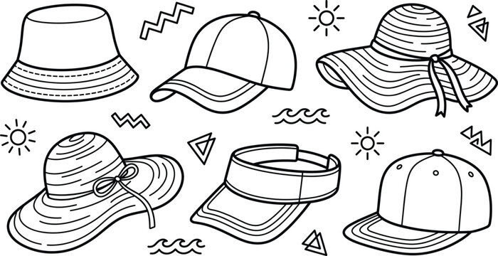 Summer headwear and fashion hat icon set with baseball cap straw sunhat bucket hat and visor