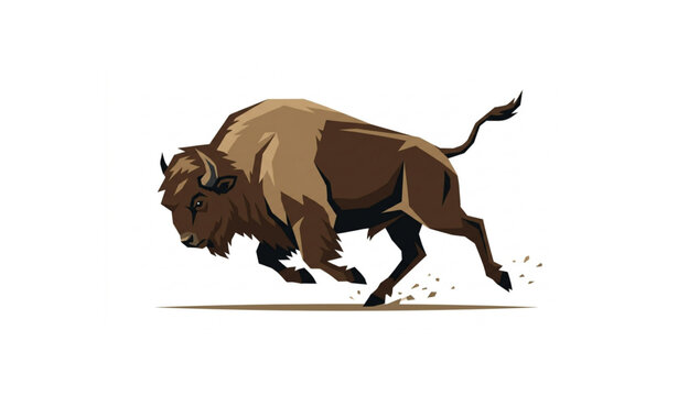 Powerful american bison charging full speed full body flat vector illustration of running wild buffalo