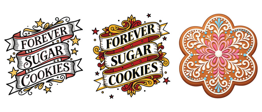 Set of forever sugar cookies lettering with ribbon banners and decorative gingerbread snowflake cookie vector t shirt