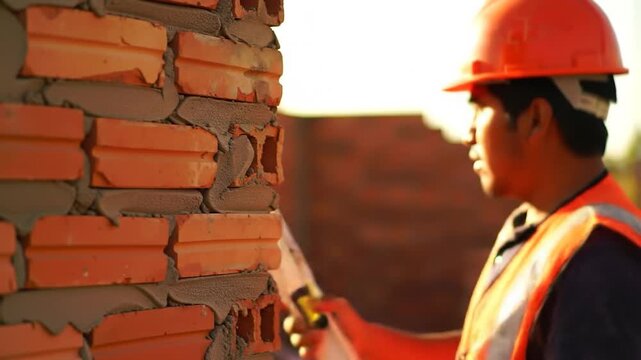 Construction worker building a red brick wall at a construction site during sunset