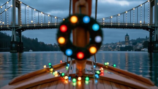 Decorative wreath with colorful light bulb on wooden boat rail with illuminated bridge and water in blurred background during dusk atmosphere