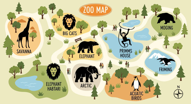 Zoo map illustration with animals and attractions, safari family fun day