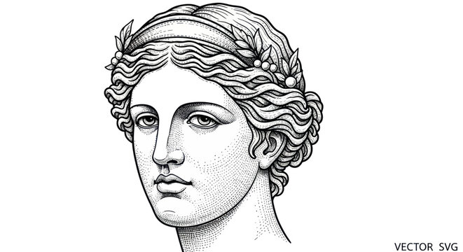 Classical female bust with laurel wreath in vintage engraving style