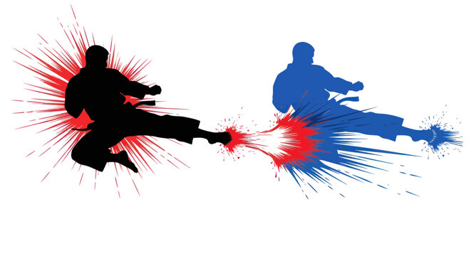 Martial arts silhouettes performing powerful flying kicks