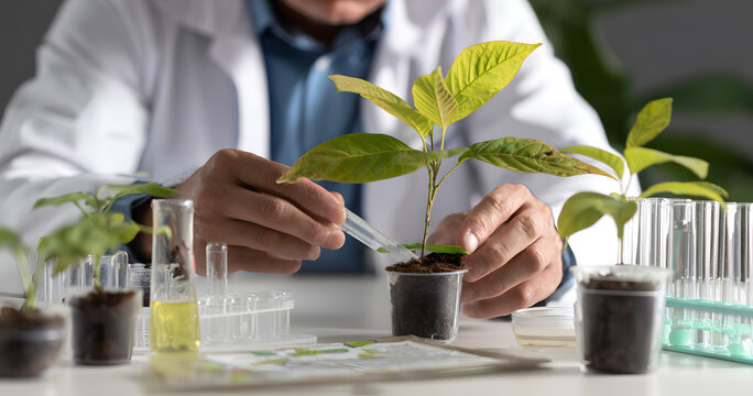 A male agricultural engineer is examining plant samples on a table in the laboratory.