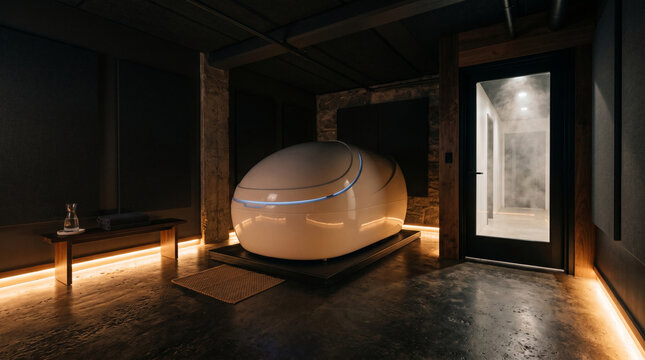 White sensory deprivation tank in dark wellness spa room for therapy