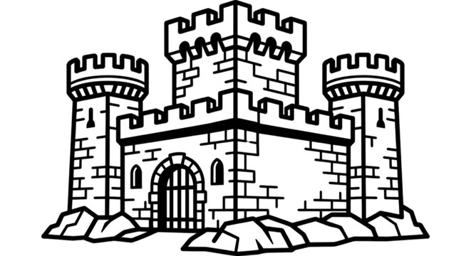 Mighty medieval fortress castle vector image featuring stout stone towers with battlements and a massive secure wooden gate entranceway.