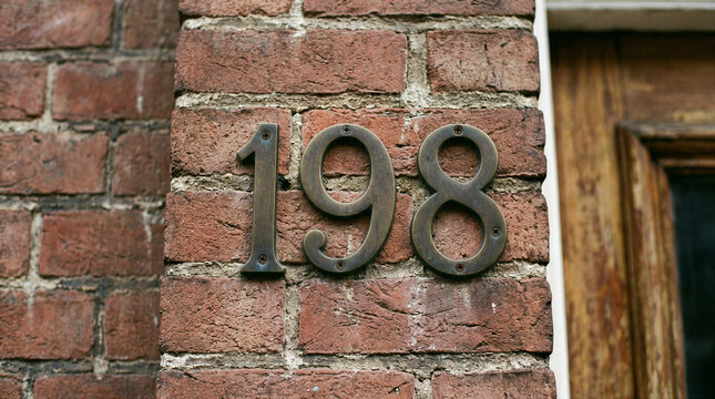 Brass house number 198 on weathered red brick wall near wooden door