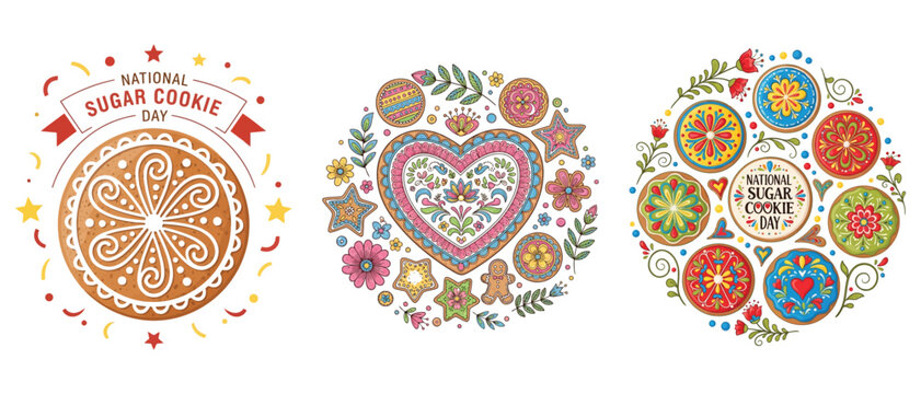 National sugar cookie day vector illustration set with decorated gingerbread cookies, heart shaped biscuits and floral ornaments vector t shirt