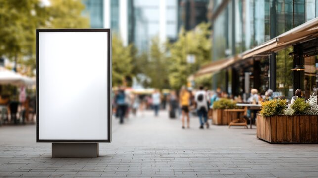 White billboard mockup on busy urban walkway with anonymous people passing by in soft motion blur.