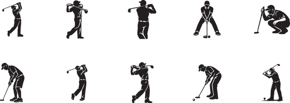 Golf player silhouette set with putting and swinging poses. Vector collection of golfers in action.